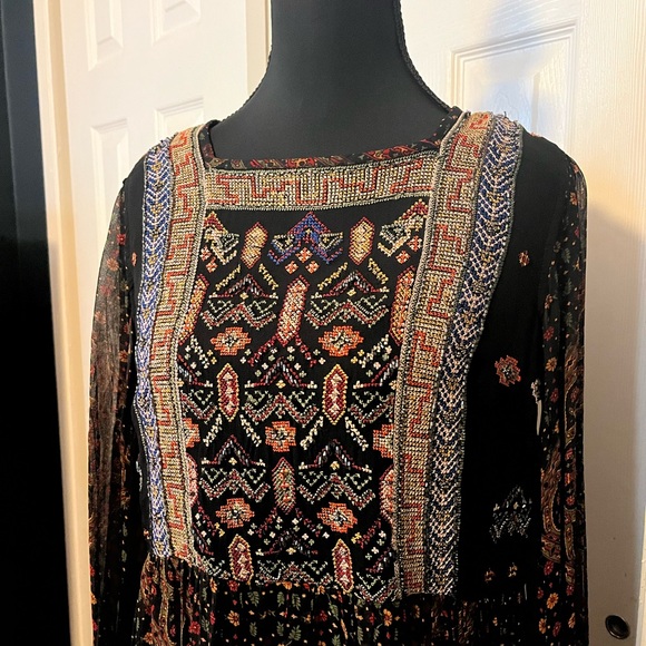 Anthropologie Beaded Bohemian Black and Multicolor Long Sleeve Dress - Picture 3 of 13